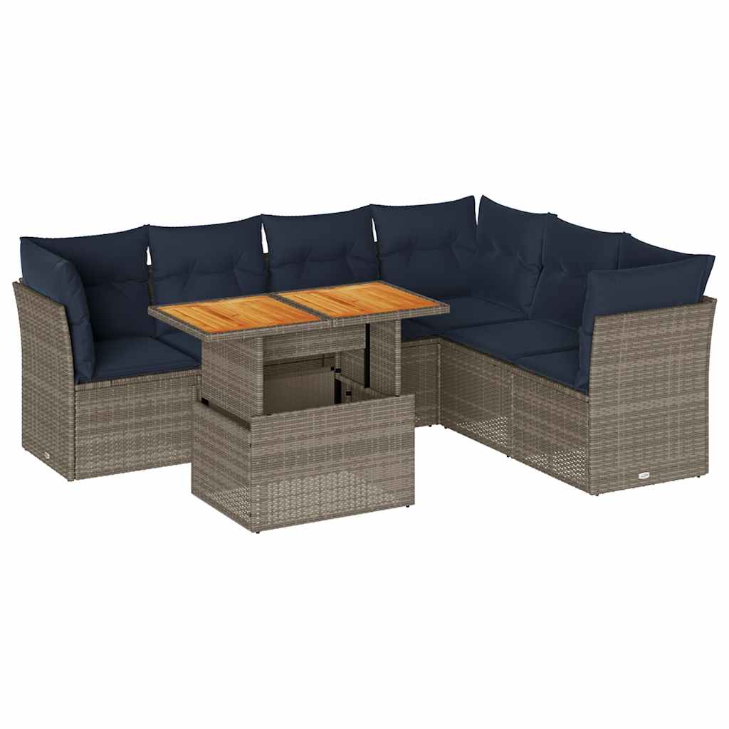 7-tlg. Garten-Sofagarnitur mit Kissen Grau Poly Rattan