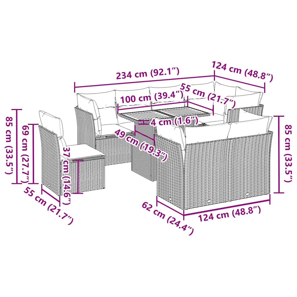 9-tlg. Garten-Sofagarnitur mit Kissen Schwarz Poly Rattan
