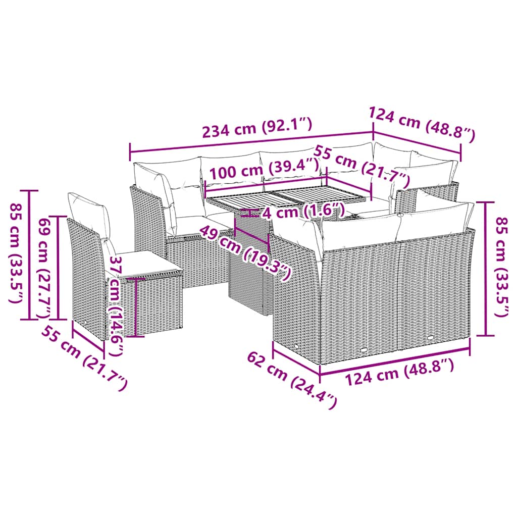 9-tlg. Garten-Sofagarnitur mit Kissen Schwarz Poly Rattan