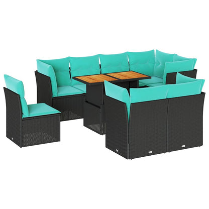 9-tlg. Garten-Sofagarnitur mit Kissen Schwarz Poly Rattan