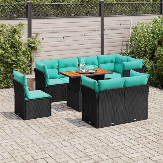 9-tlg. Garten-Sofagarnitur mit Kissen Schwarz Poly Rattan