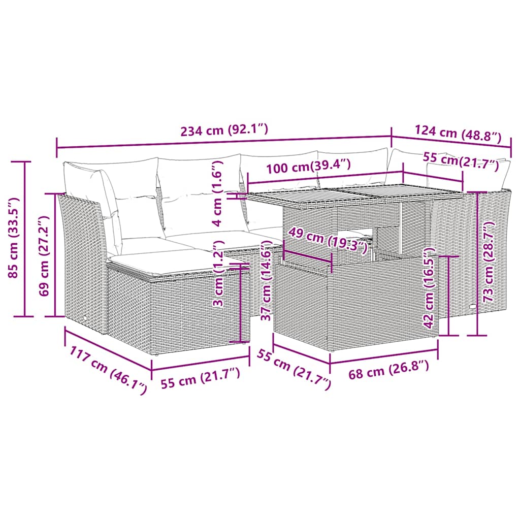 7-tlg. Garten-Sofagarnitur mit Kissen Schwarz Poly Rattan