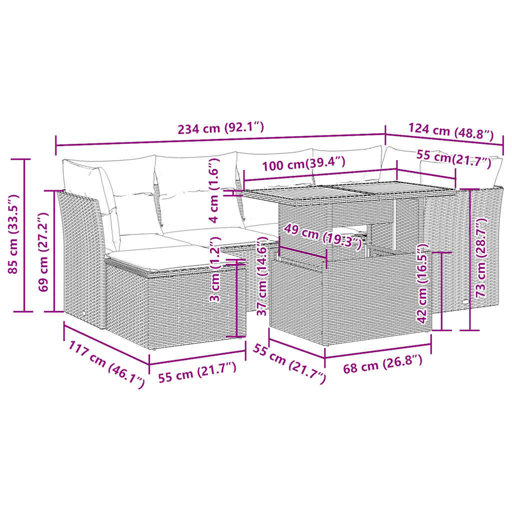 7-tlg. Garten-Sofagarnitur mit Kissen Schwarz Poly Rattan