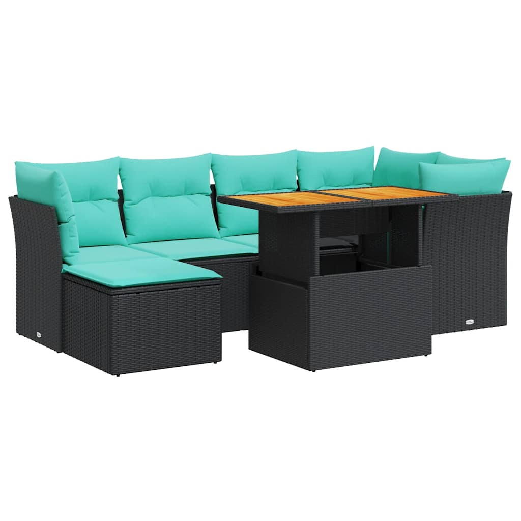 7-tlg. Garten-Sofagarnitur mit Kissen Schwarz Poly Rattan