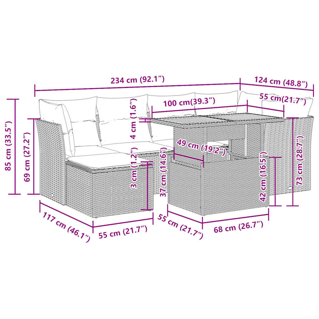 7-tlg. Garten-Sofagarnitur mit Kissen Schwarz Poly Rattan