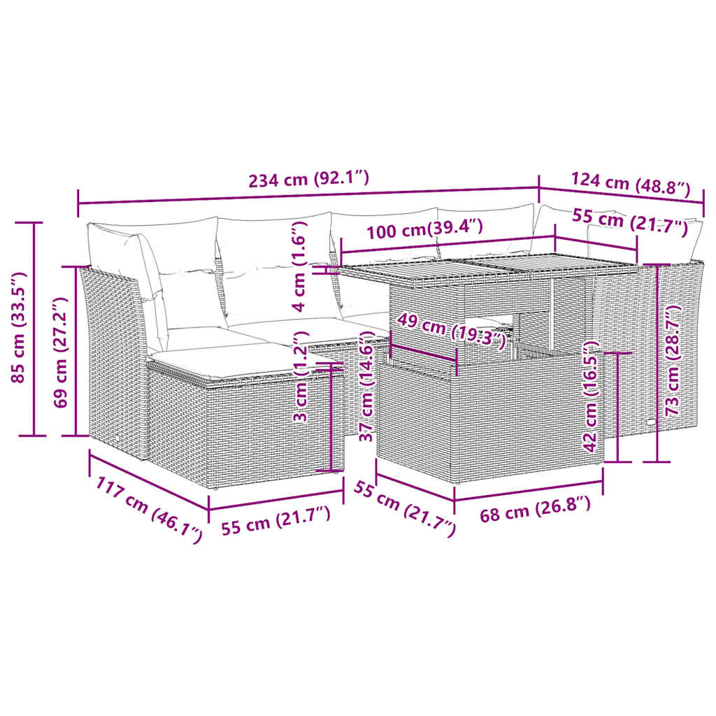 7-tlg. Garten-Sofagarnitur mit Kissen Beige Poly Rattan