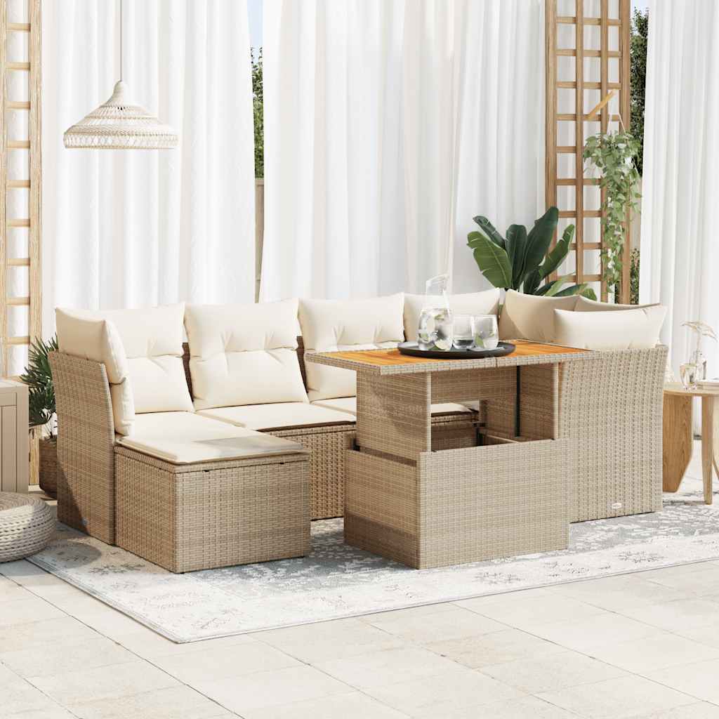 7-tlg. Garten-Sofagarnitur mit Kissen Beige Poly Rattan