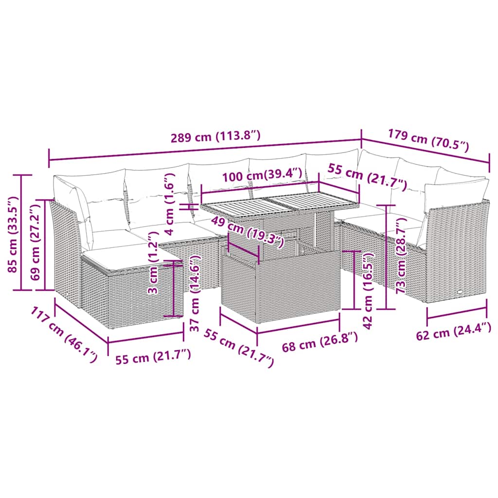 9-tlg. Garten-Sofagarnitur mit Kissen Beige Poly Rattan