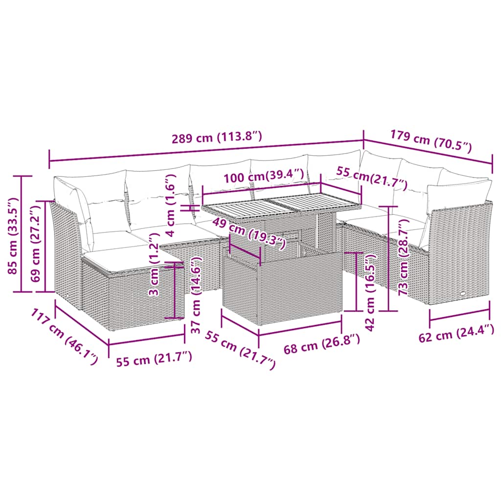 9-tlg. Garten-Sofagarnitur mit Kissen Grau Poly Rattan