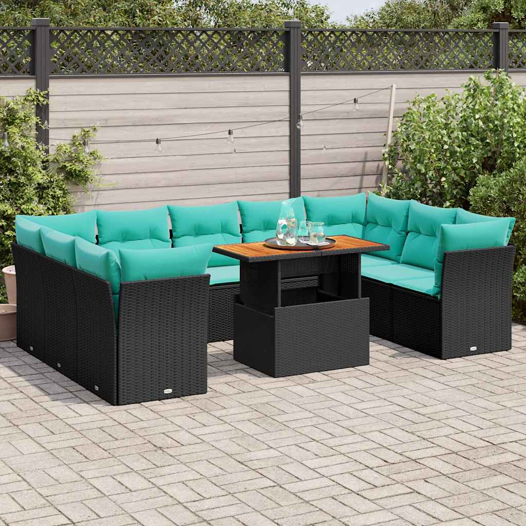10-tlg. Garten-Sofagarnitur mit Kissen Schwarz Poly Rattan