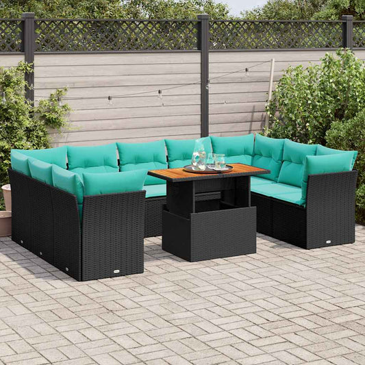 10-tlg. Garten-Sofagarnitur mit Kissen Schwarz Poly Rattan