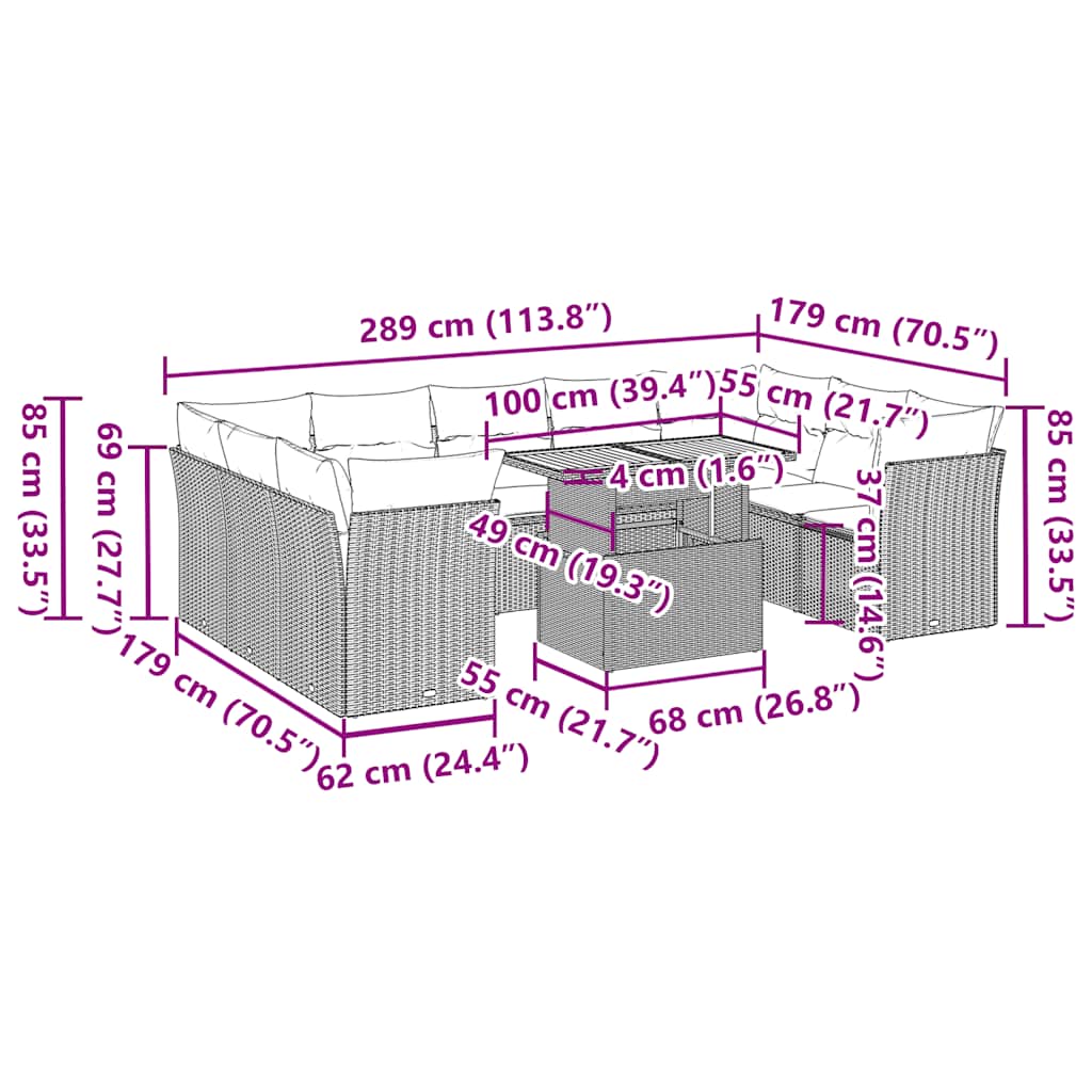 10-tlg. Garten-Sofagarnitur mit Kissen Grau Poly Rattan