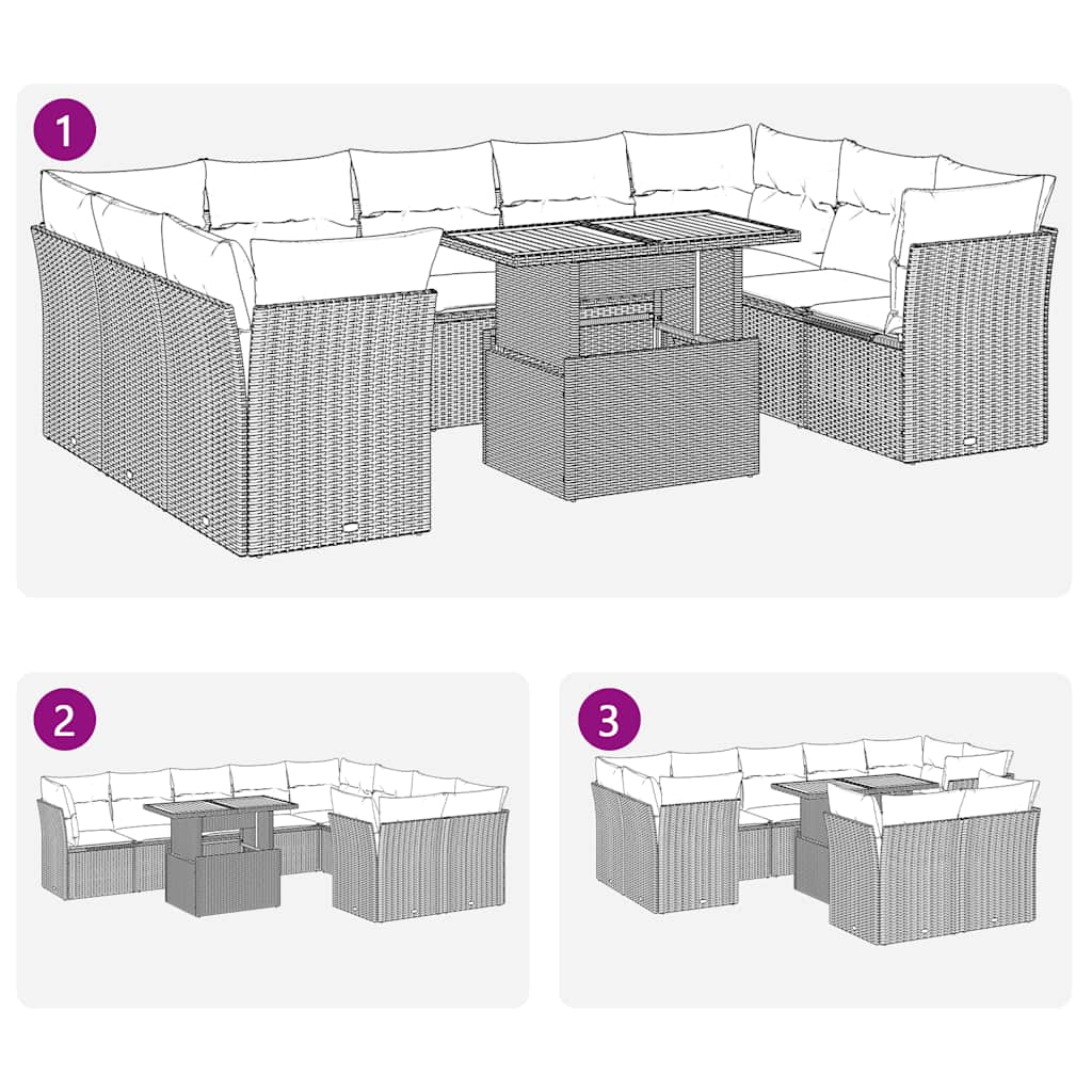 10-tlg. Garten-Sofagarnitur mit Kissen Grau Poly Rattan