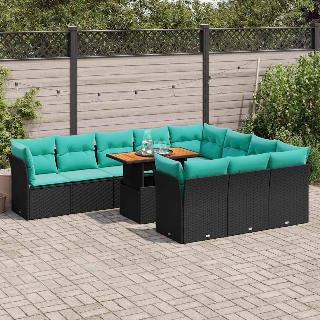 11-tlg. Garten-Sofagarnitur mit Kissen Schwarz Poly Rattan