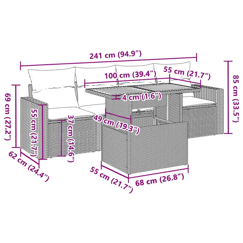 5-tlg. Garten-Sofagarnitur mit Kissen Schwarz Poly Rattan