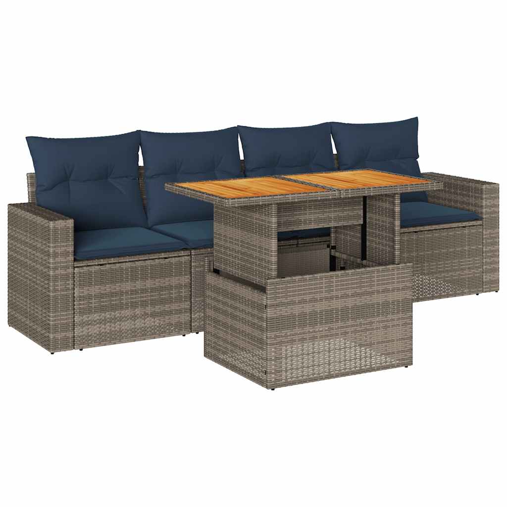 5-tlg. Garten-Sofagarnitur mit Kissen Grau Poly Rattan