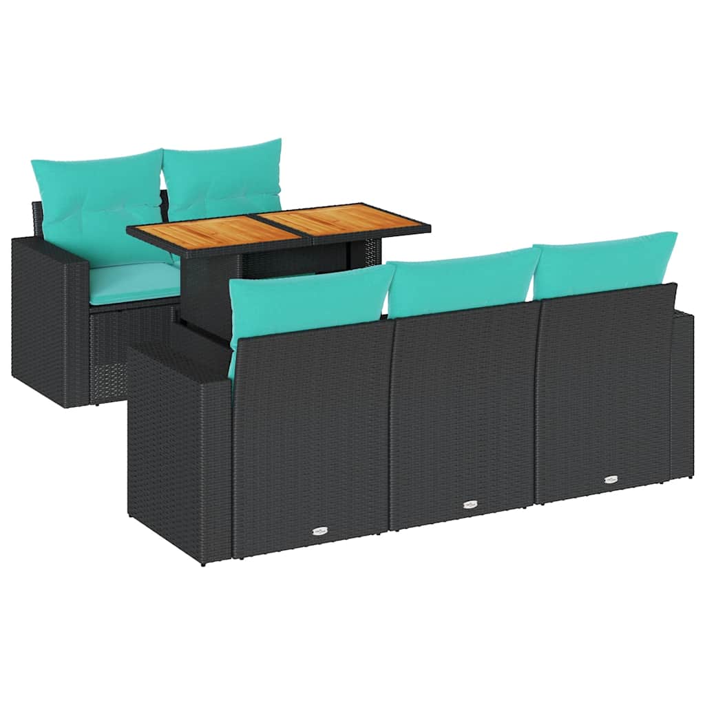 6-tlg. Garten-Sofagarnitur mit Kissen Schwarz Poly Rattan