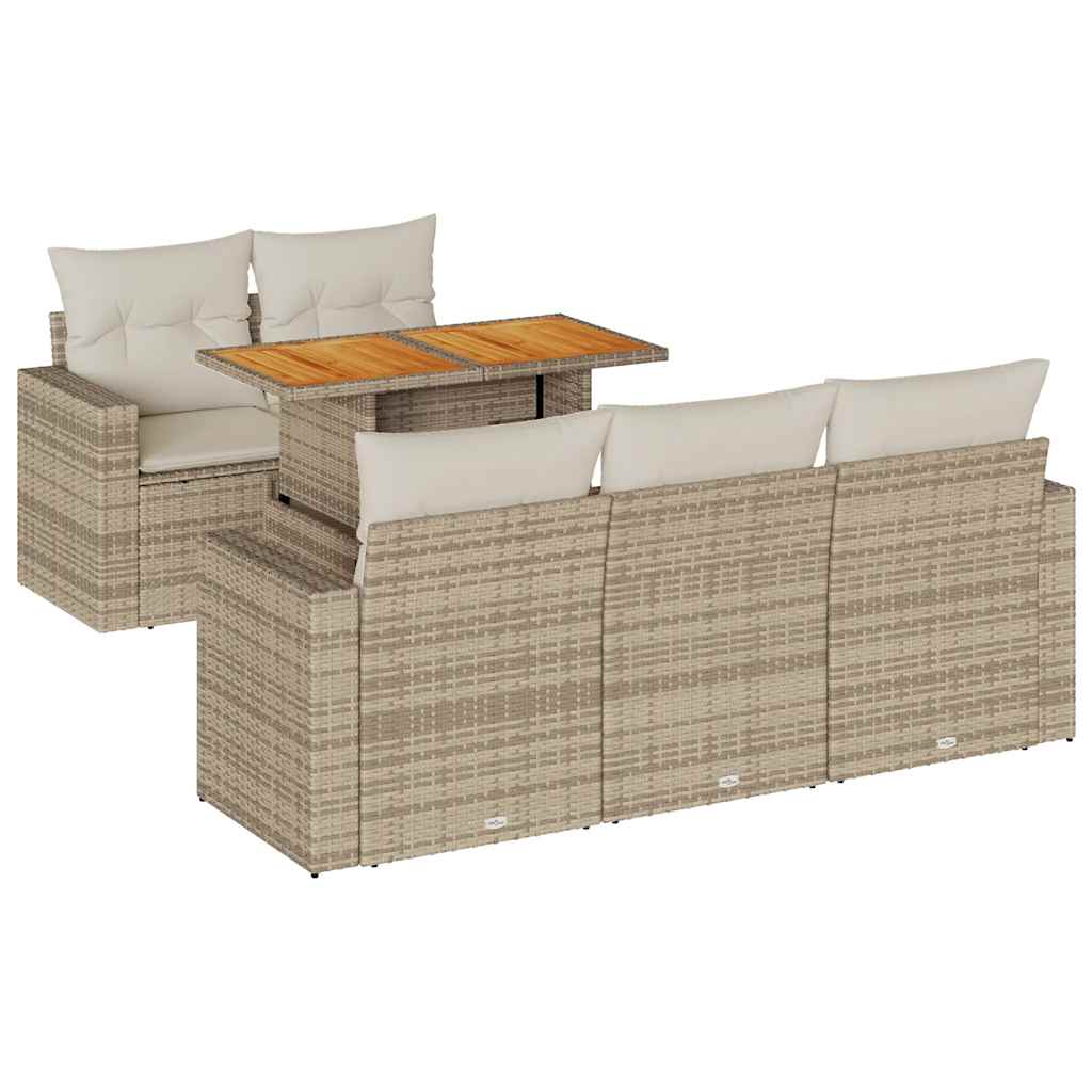 6-tlg. Garten-Sofagarnitur mit Kissen Beige Poly Rattan