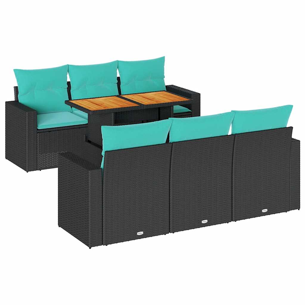 7-tlg. Garten-Sofagarnitur mit Kissen Schwarz Poly Rattan
