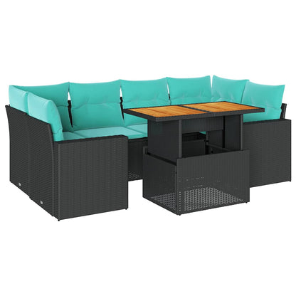 7-tlg. Garten-Sofagarnitur mit Kissen Schwarz Poly Rattan