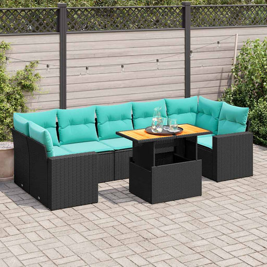 8-tlg. Garten-Sofagarnitur mit Kissen Schwarz Poly Rattan