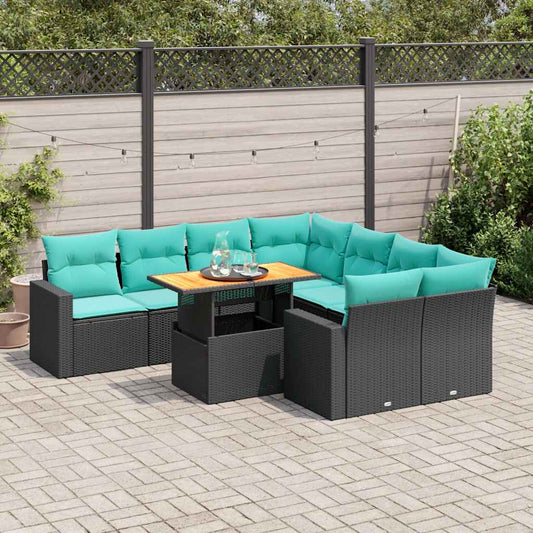 9-tlg. Garten-Sofagarnitur mit Kissen Schwarz Poly Rattan