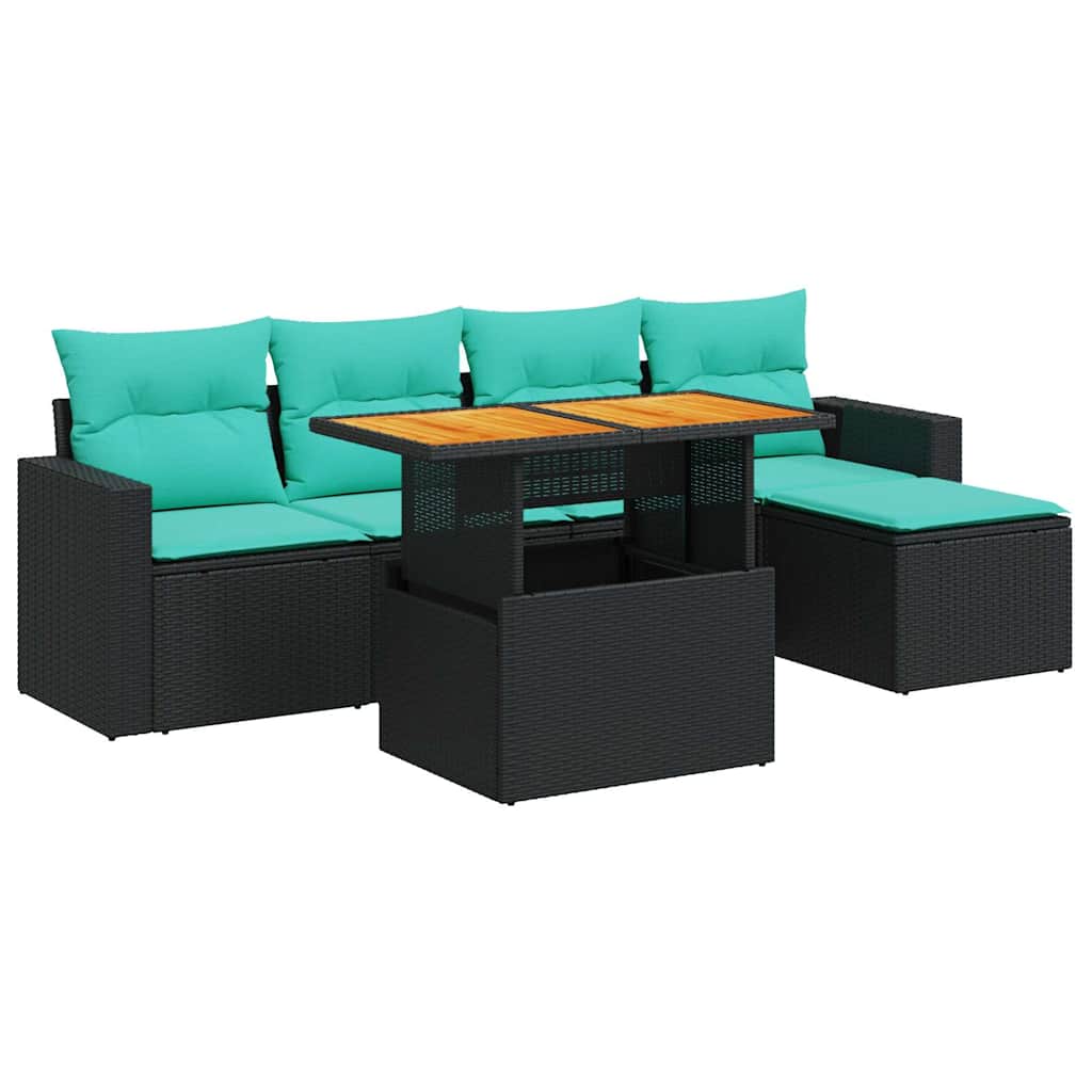 6-tlg. Garten-Sofagarnitur mit Kissen Schwarz Poly Rattan