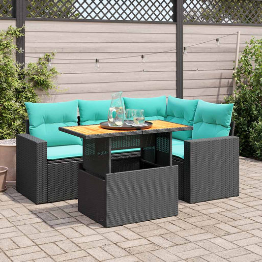 5-tlg. Garten-Sofagarnitur mit Kissen Schwarz Poly Rattan