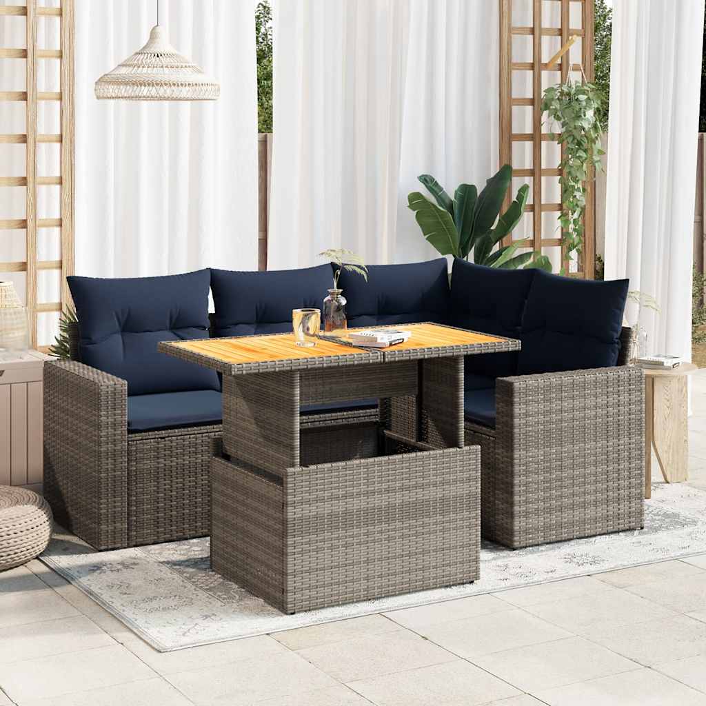 5-tlg. Garten-Sofagarnitur mit Kissen Grau Poly Rattan