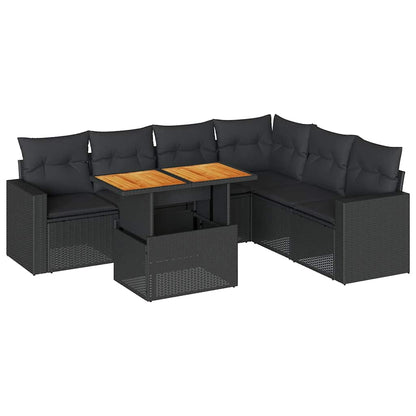 7-tlg. Garten-Sofagarnitur mit Kissen Schwarz Poly Rattan
