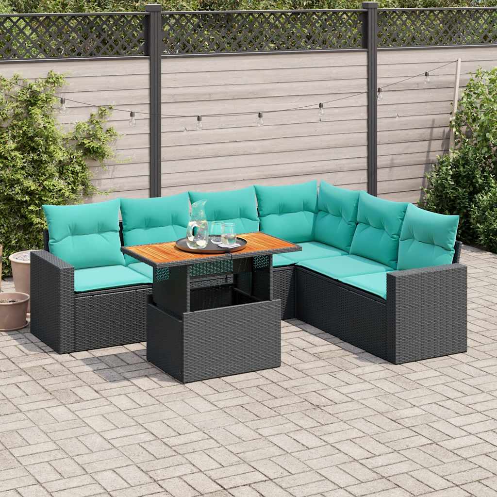 7-tlg. Garten-Sofagarnitur mit Kissen Schwarz Poly Rattan