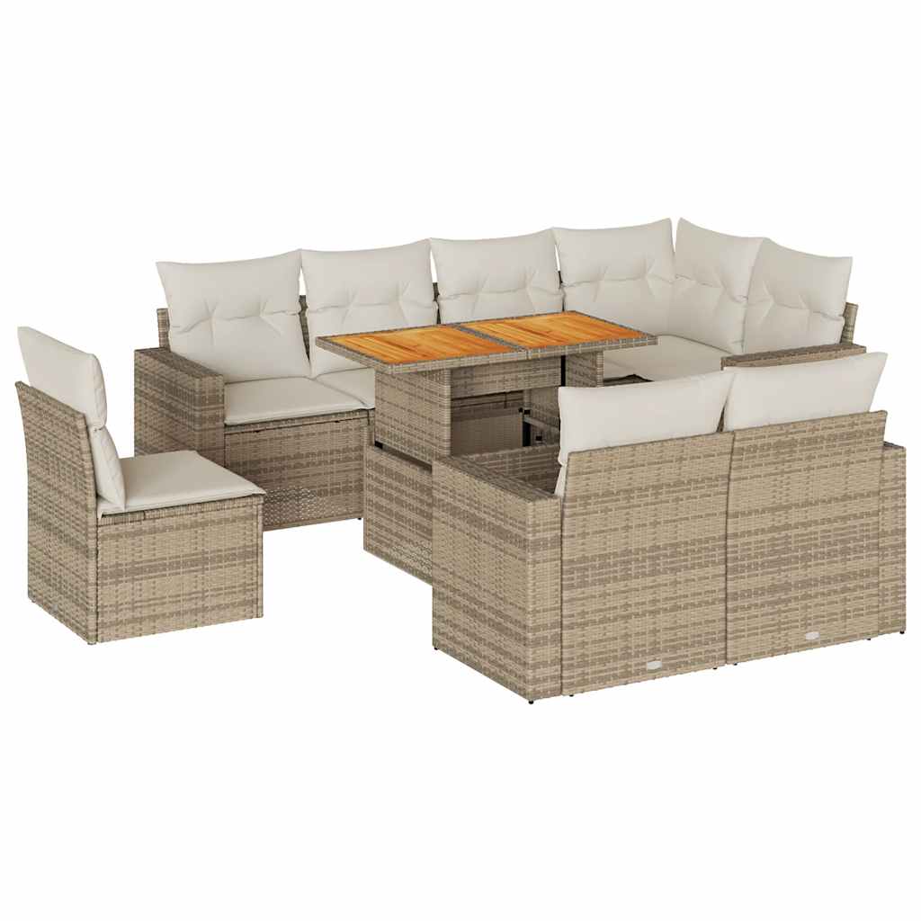 9-tlg. Garten-Sofagarnitur mit Kissen Beige Poly Rattan