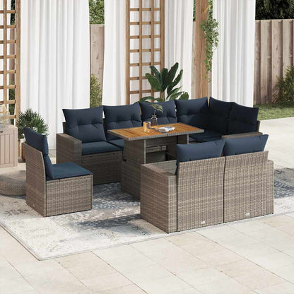 9-tlg. Garten-Sofagarnitur mit Kissen Grau Poly Rattan