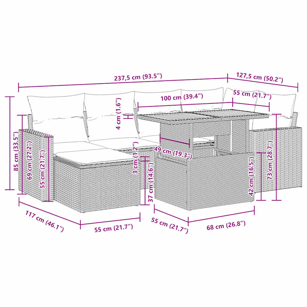 7-tlg. Garten-Sofagarnitur mit Kissen Schwarz Poly Rattan