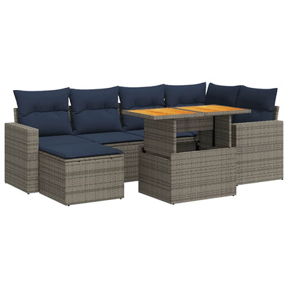 7-tlg. Garten-Sofagarnitur mit Kissen Grau Poly Rattan
