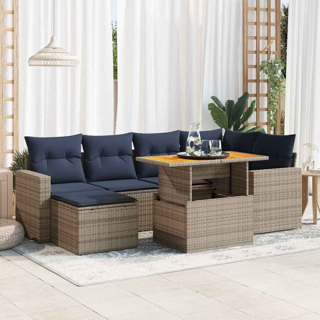 7-tlg. Garten-Sofagarnitur mit Kissen Grau Poly Rattan
