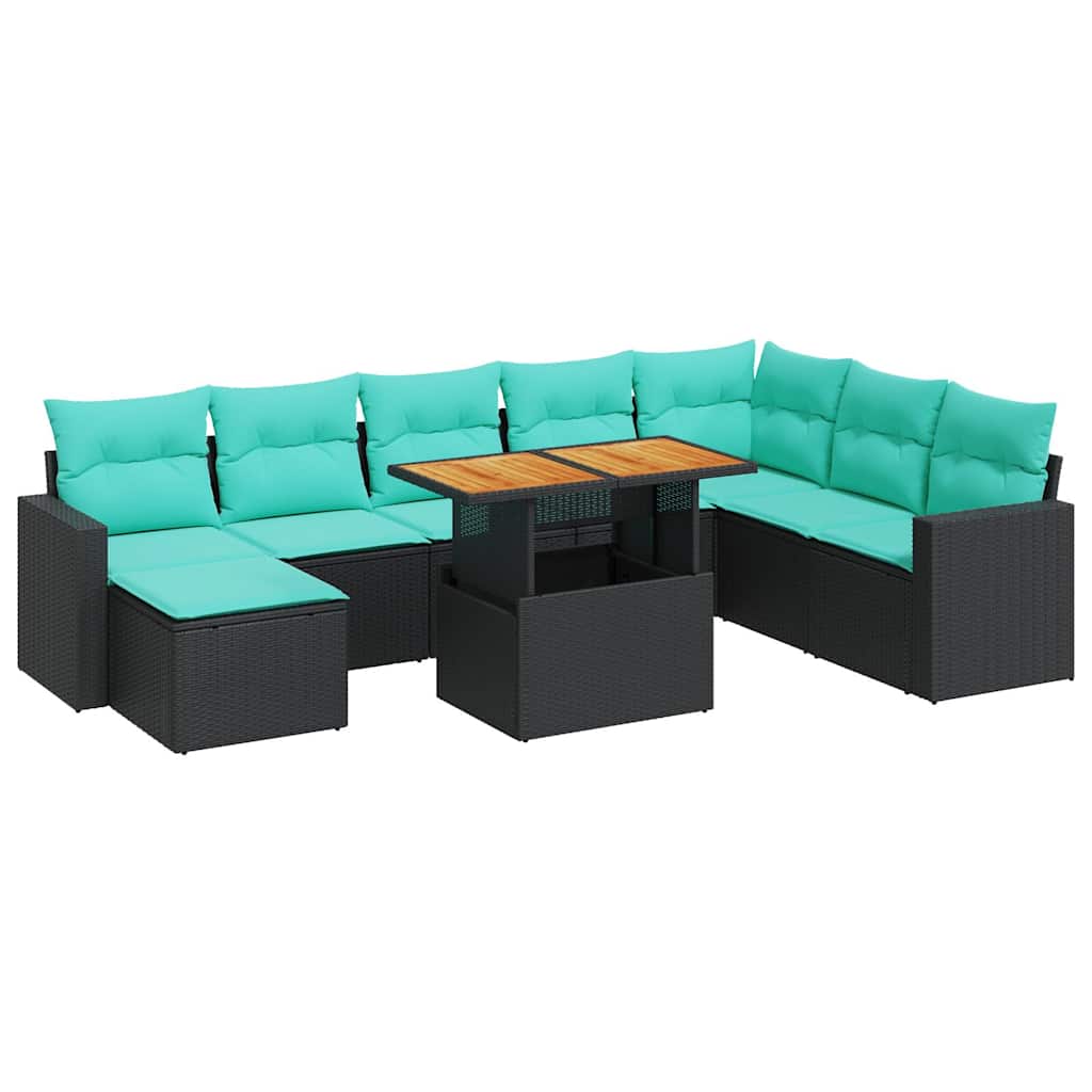 9-tlg. Garten-Sofagarnitur mit Kissen Schwarz Poly Rattan