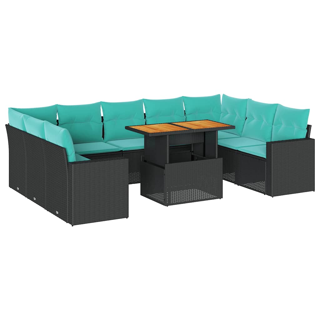 10-tlg. Garten-Sofagarnitur mit Kissen Schwarz Poly Rattan