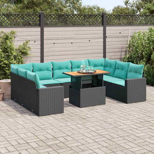 10-tlg. Garten-Sofagarnitur mit Kissen Schwarz Poly Rattan