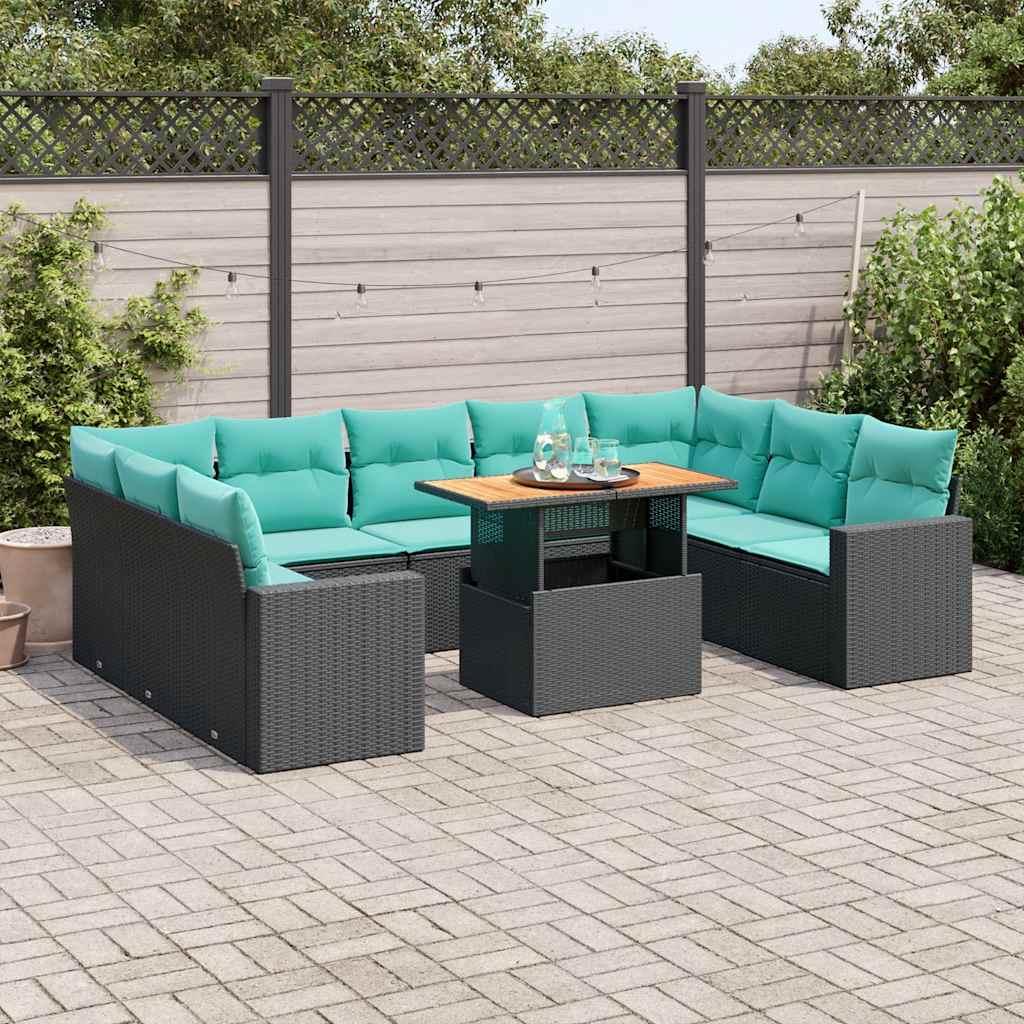 10-tlg. Garten-Sofagarnitur mit Kissen Schwarz Poly Rattan