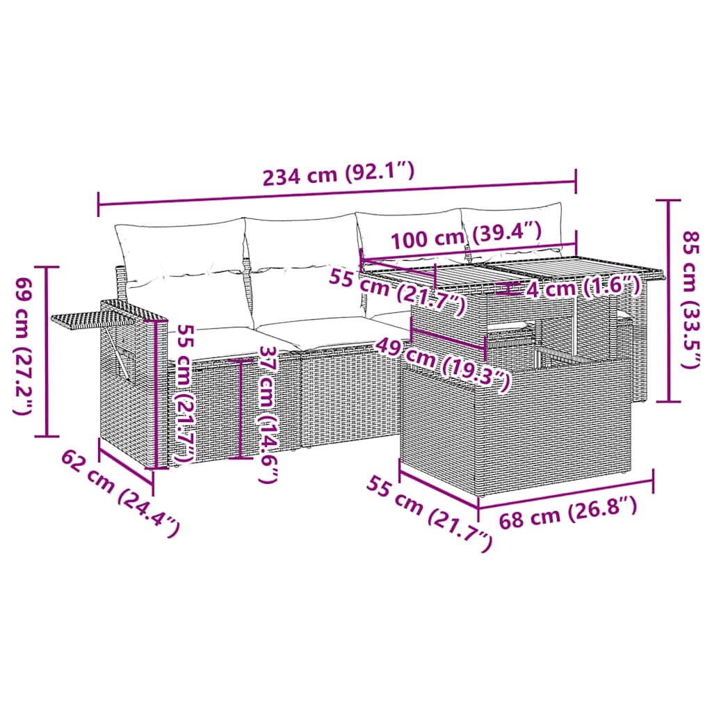 5-tlg. Garten-Sofagarnitur mit Kissen Beige Poly Rattan