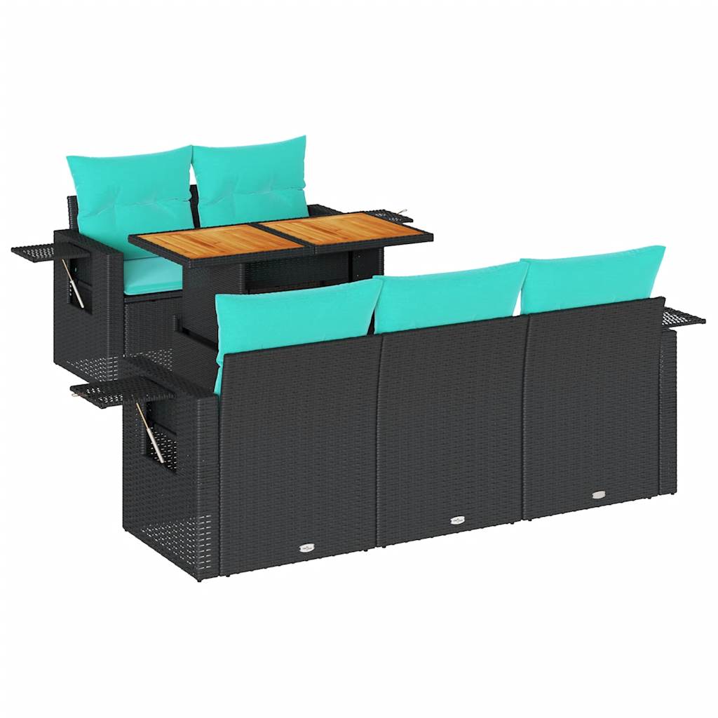 6-tlg. Garten-Sofagarnitur mit Kissen Schwarz Poly Rattan