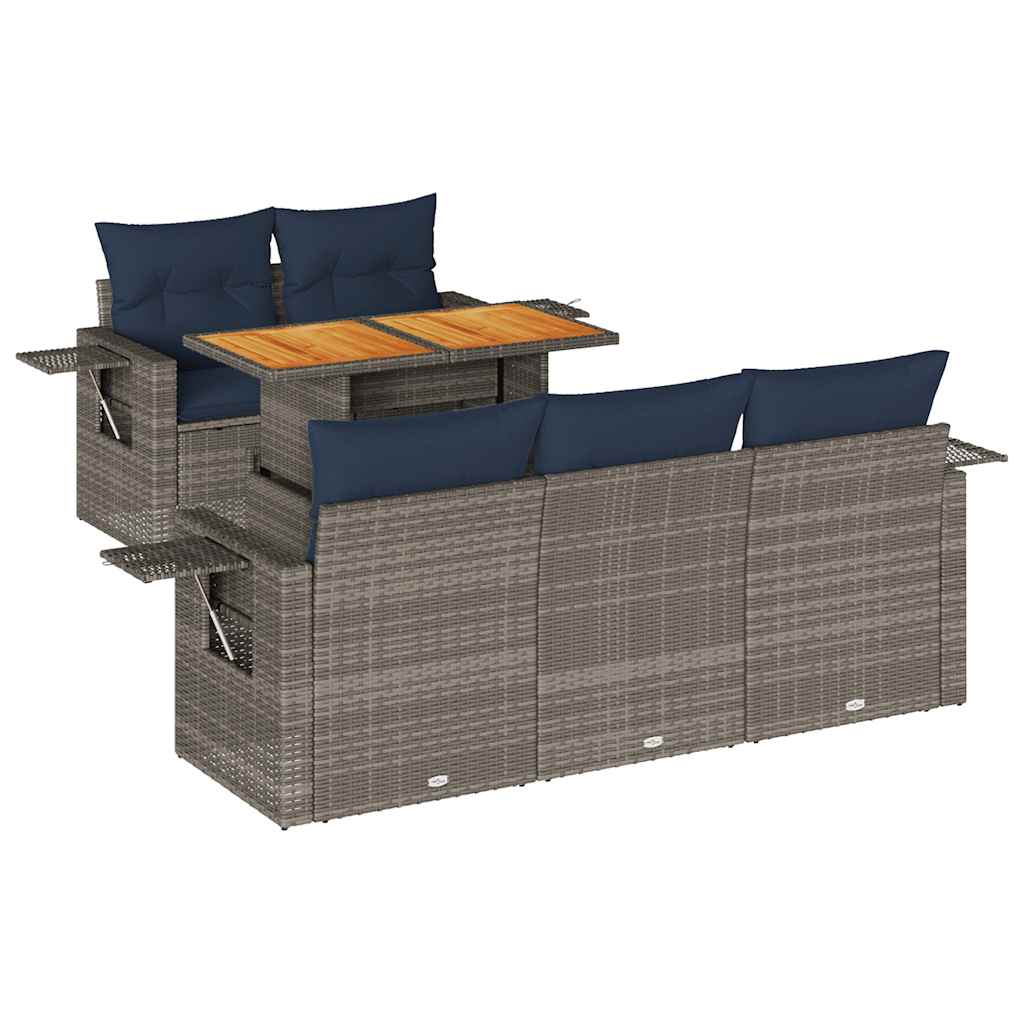6-tlg. Garten-Sofagarnitur mit Kissen Grau Poly Rattan