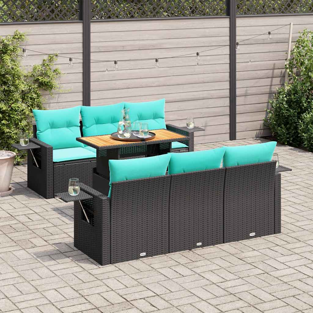 7-tlg. Garten-Sofagarnitur mit Kissen Schwarz Poly Rattan