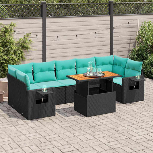 8-tlg. Garten-Sofagarnitur mit Kissen Schwarz Poly Rattan