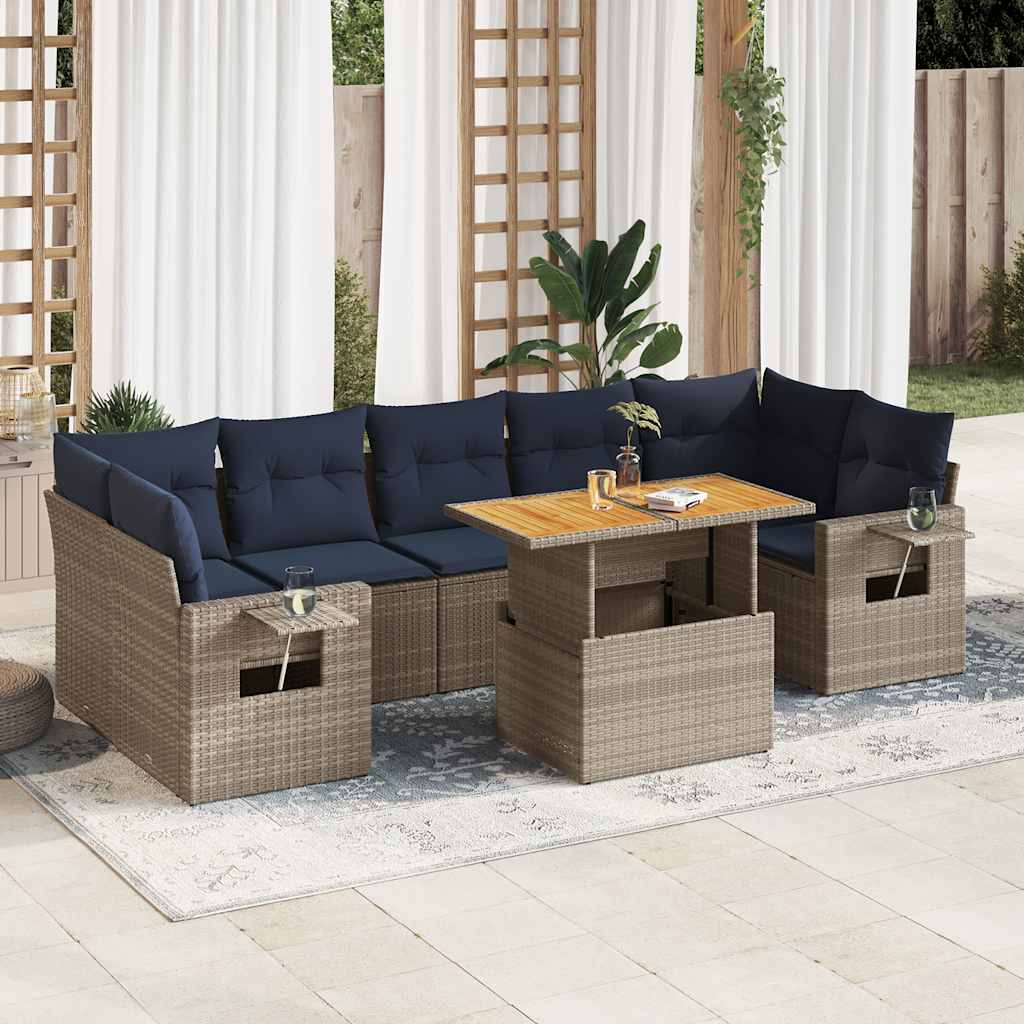8-tlg. Garten-Sofagarnitur mit Kissen Grau Poly Rattan