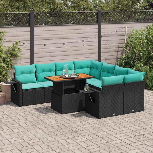 9-tlg. Garten-Sofagarnitur mit Kissen Schwarz Poly Rattan