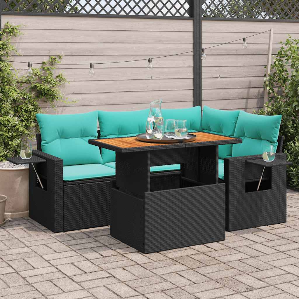 5-tlg. Garten-Sofagarnitur mit Kissen Schwarz Poly Rattan
