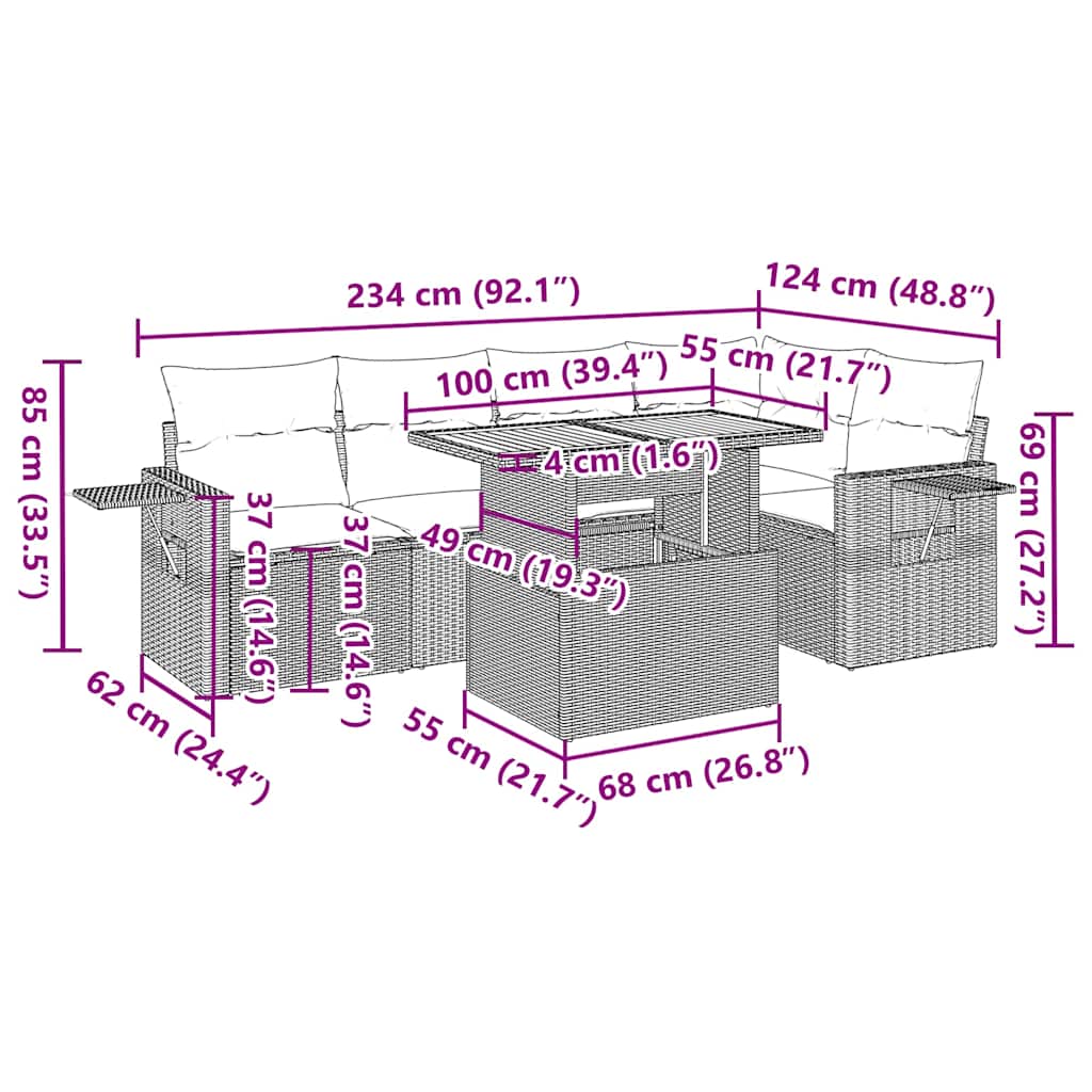 6-tlg. Garten-Sofagarnitur mit Kissen Schwarz Poly Rattan