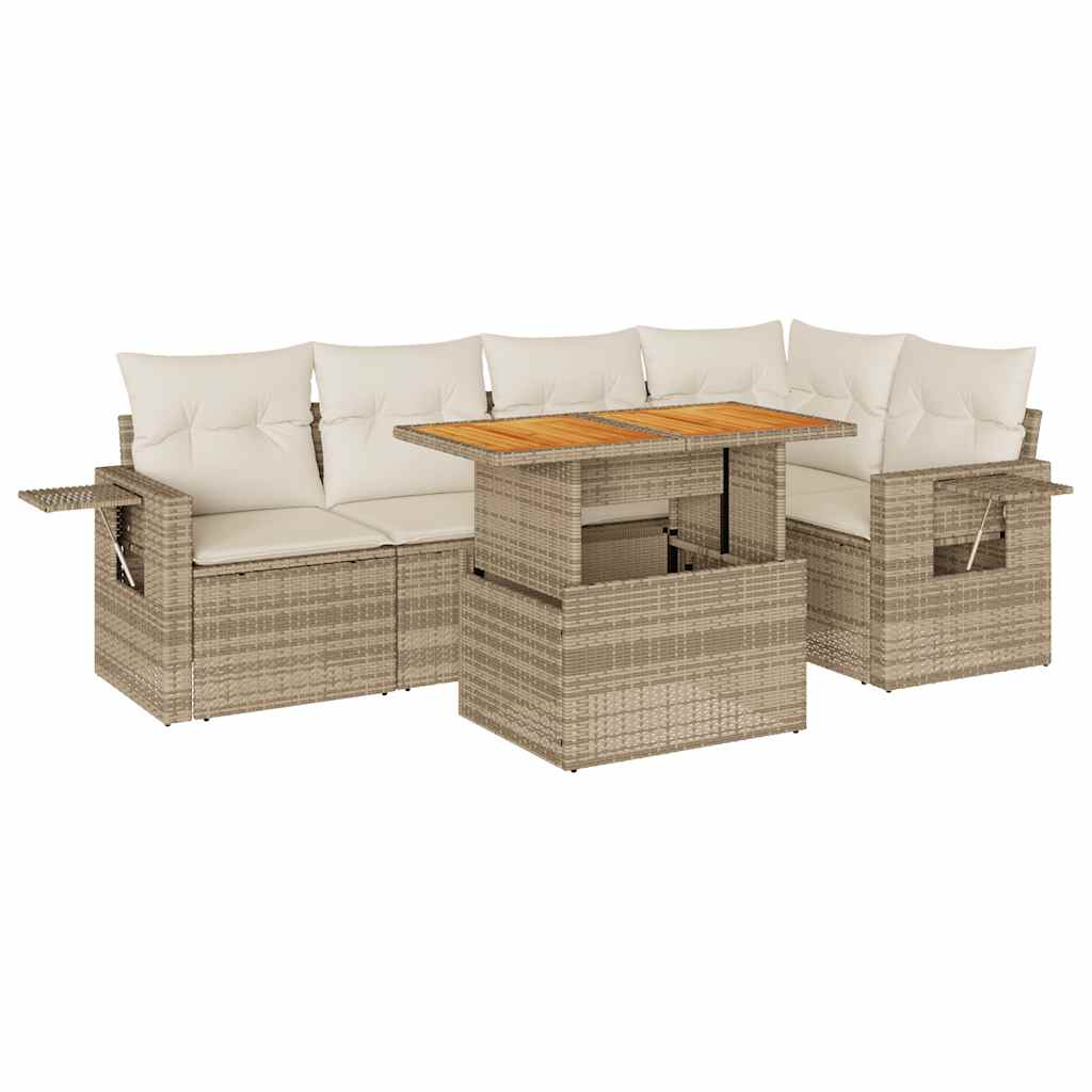 6-tlg. Garten-Sofagarnitur mit Kissen Beige Poly Rattan